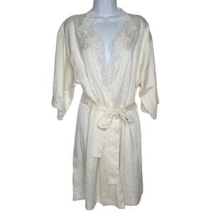 Vintage Satin Robe Sz M Floral Embroidered Lace Cream Ivory Pink Blue Sara Beth